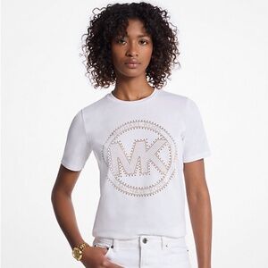 Michael Kors MK Studded Logo Charm Organic Cotton T-Shirt White/Gold women Small